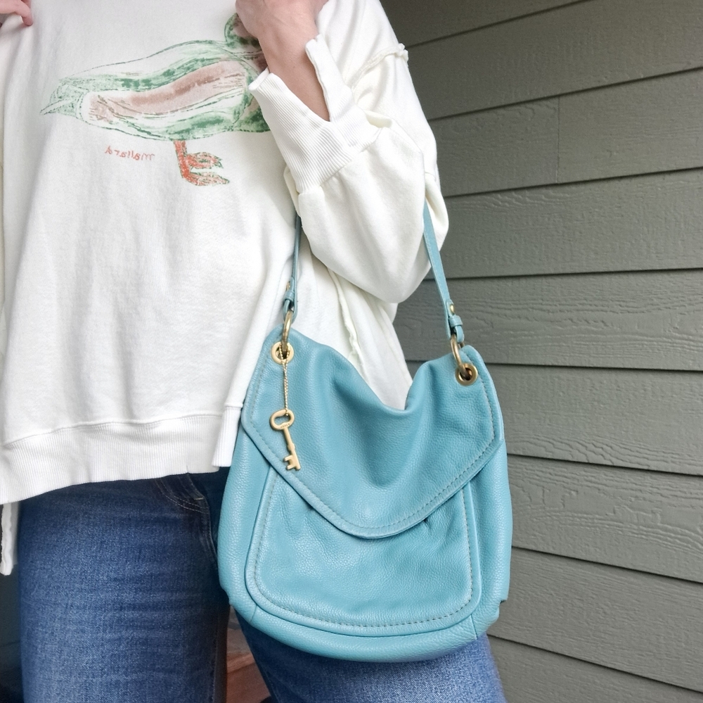 Vintage Fossil Leather Crossbody Purse with Key Charm Blue Jean Color